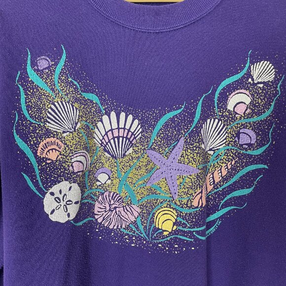 Vintage 90s Sweatshirt‎ Seashells Glitter Gold Ocean Women Size Large Purple Top - Picture 5 of 12